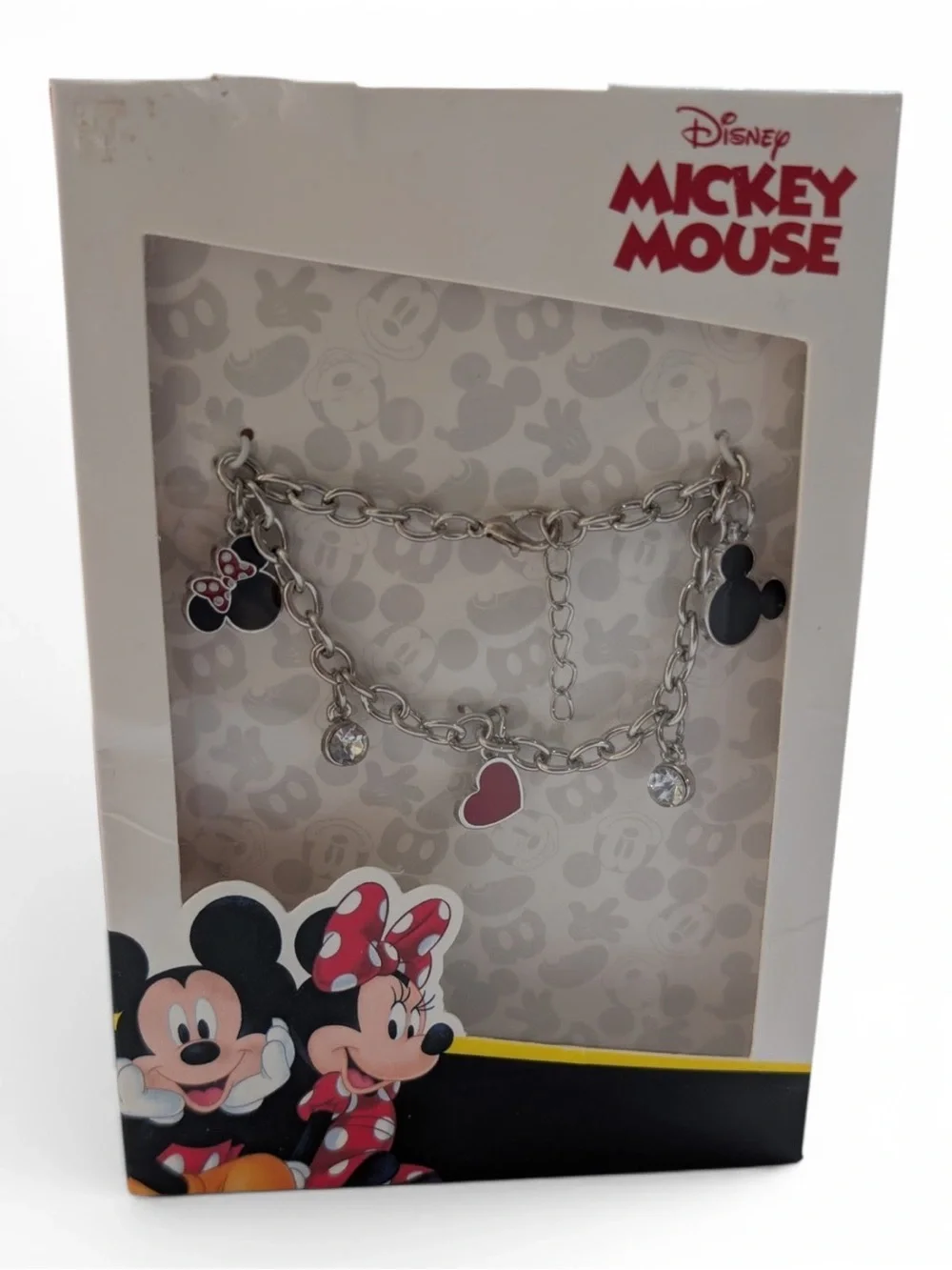 Disney Mickey & Minnie Mouse Charm Bracelet Silver Tone Heart NIB